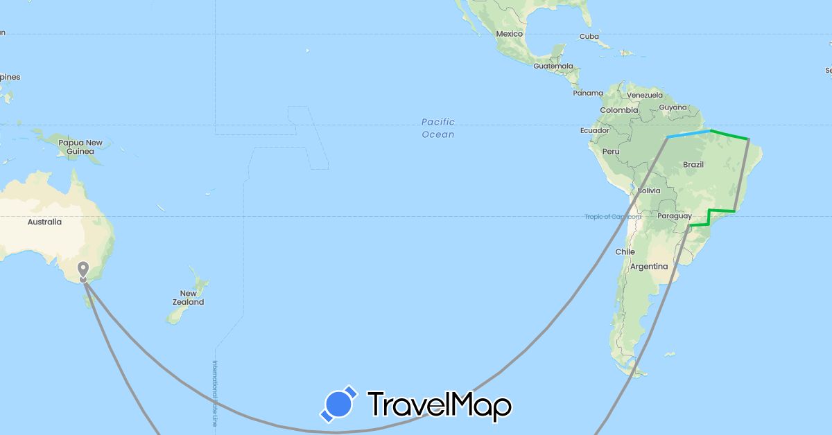 TravelMap itinerary: driving, bus, plane, boat in Argentina, Australia, Brazil (Oceania, South America)